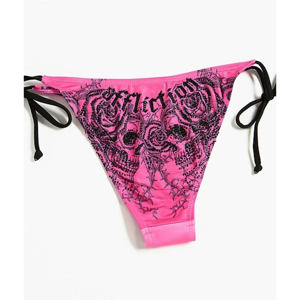 Affliction Womens Pink Skull Cross Rhinestone Side Tie Bikini Bottoms Size M